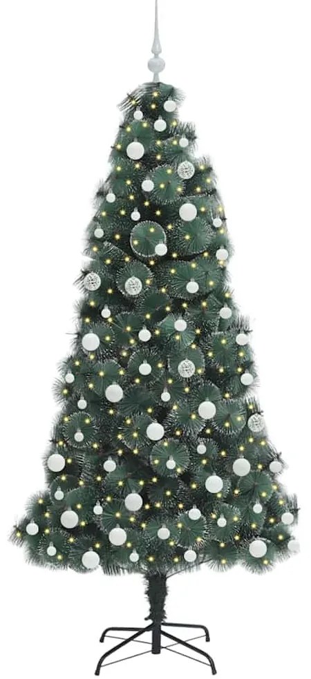 Műfenyő LED világítással és gömbszettel Zöld 180 cm PET