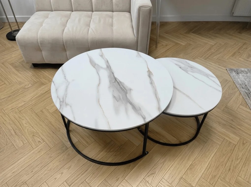 Szett 2 kerek dohányzóasztal MARBLEX, fekete/fehér márvány