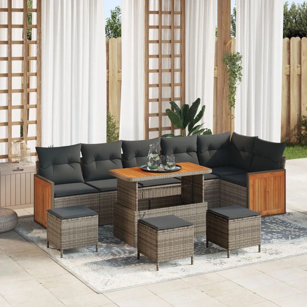9 darabos kertibútor szett párnákkal, szürke poli rattan akácia, 2 személyes kertibútor párnákkal, szürke poli rattan, 3 darabos kertiparti étkező szett párnákkal, szürke poli rattan akácia