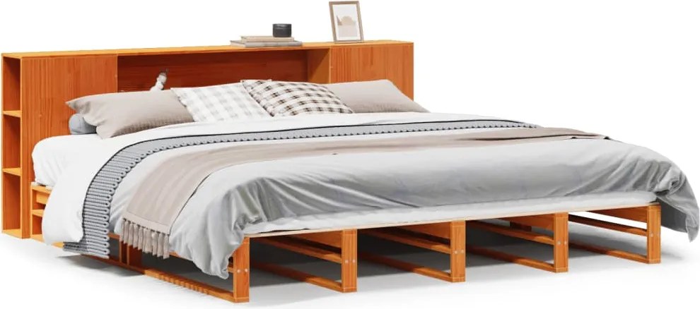 vidaXL viaszbarna tömör fa könyvespolcos ágy matrac nélkül 180 x 200cm