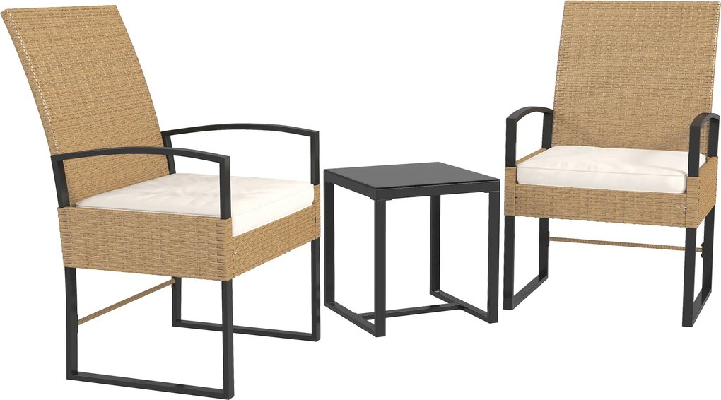 Outsunny 3 darabos kültéri kert szett állítható támlával, 2 szék és rattan asztal párnázott párnákkal és edzett üveg asztallappal erkélyre teraszra, B