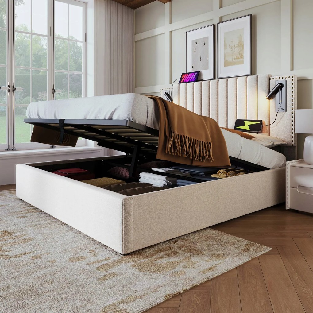 Franciaágy Kárpitozott ágy 140x200cm Usb Hidraulikus pamut, Bézs