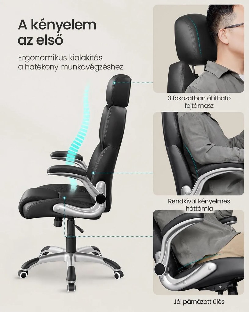 SONGMICS STEVON ergonomikus irodai és gamer forgószék, állítható fejtámlával, felhajtható karfákkal, max. 150 kg, fekete