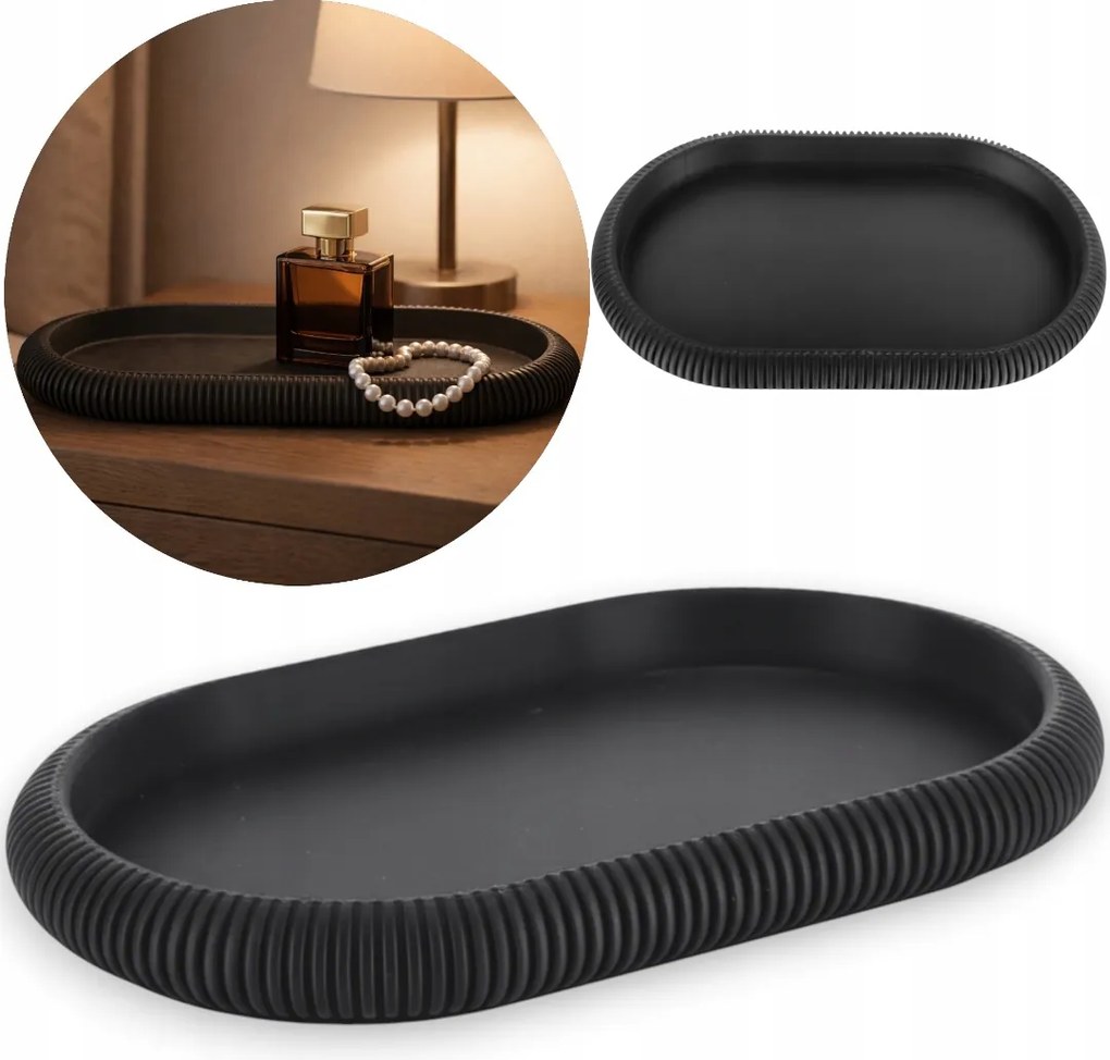 Japandi dekoratív tálca bordázott fürdőszoba irodai figurák gyertyák Fekete