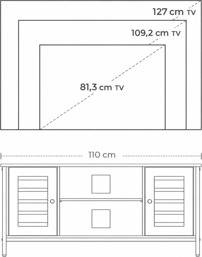 TV-szekrény lamellás ajtókkal, állítható polccal és tárolórekeszekkel, 110 x 40 x 50 cm, rusztikus barna/fekete