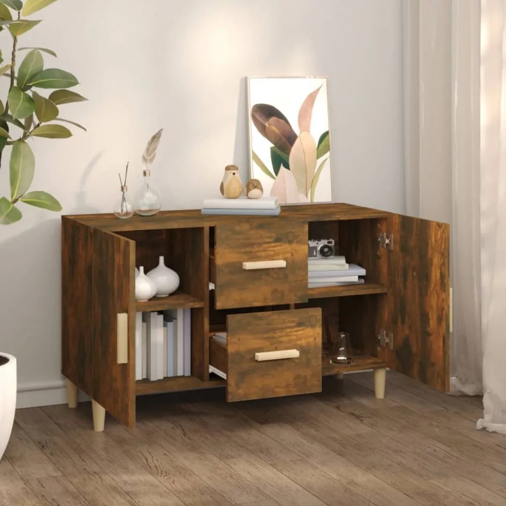 füstös tölgy színű szerelt fa tálalószekrény 100 x 36 x 90 cm