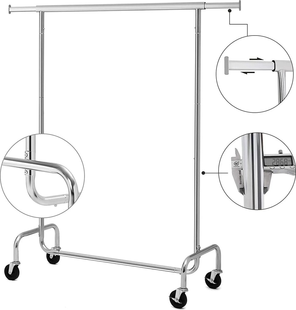 Nagy teherbírású fém ruhatartó kerekekkel, 130 kg-ig terhelhető, hossza 110-150 cm