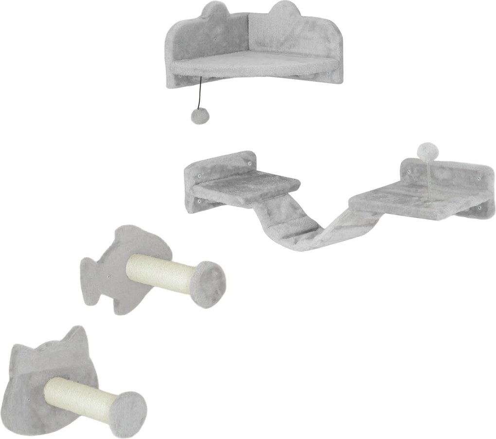 PawHut Macska Mászófal Készlet, 4 Részes Macska Bútor Lépésekkel, Létrával, Ugráló Tornyokkal, Kaparóoszlopokkal, Játékballal, Kókuszkötéllel, 5 kg-ig