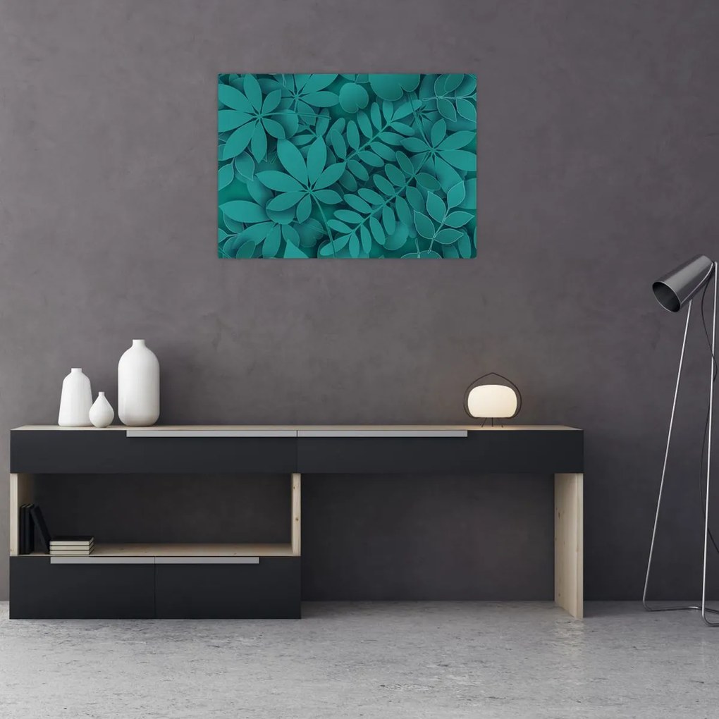 Üveg kép - Türkiz levelek (70x50 cm)