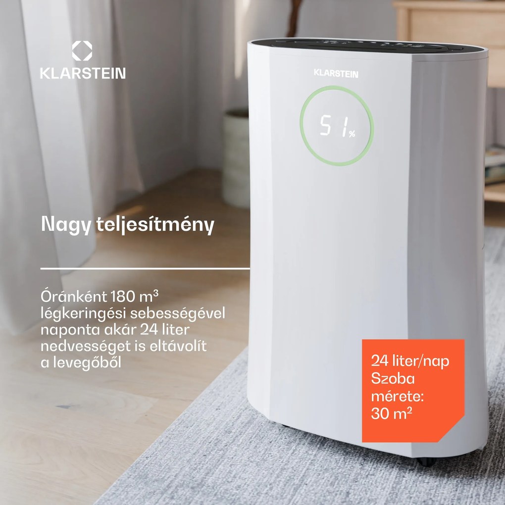 Klarstein DryFy ProConnect 24 párátlanító, 24 l/nap, 30 m², WiFi, App, LED kijelző, 24-órás időzítő