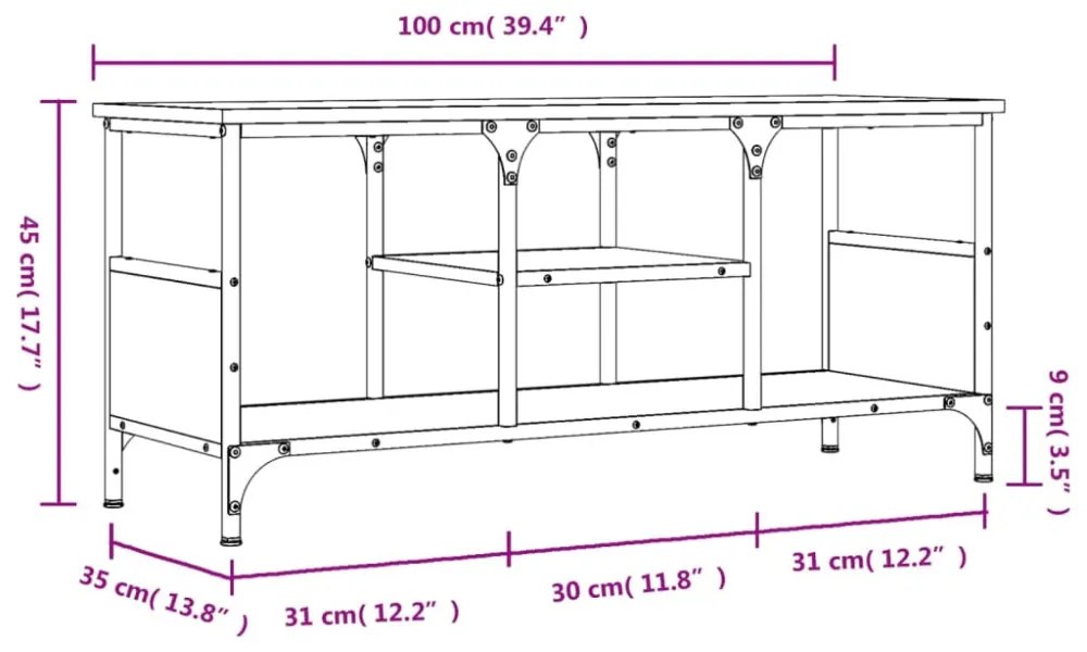 szürke sonoma színű szerelt fa és vas TV-szekrény 100x35x45 cm