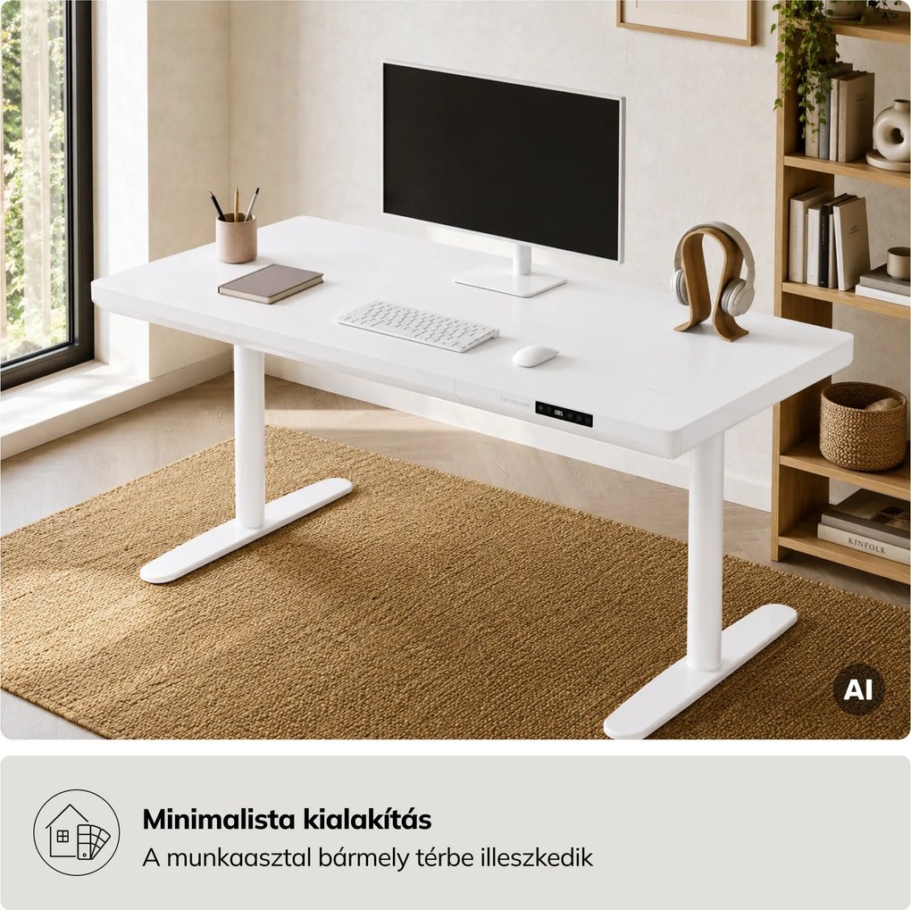 Elektromos ülő-álló íróasztal fiókkal és Qi vezeték nélküli töltővel fehér, 1400 mm: ELLIS
