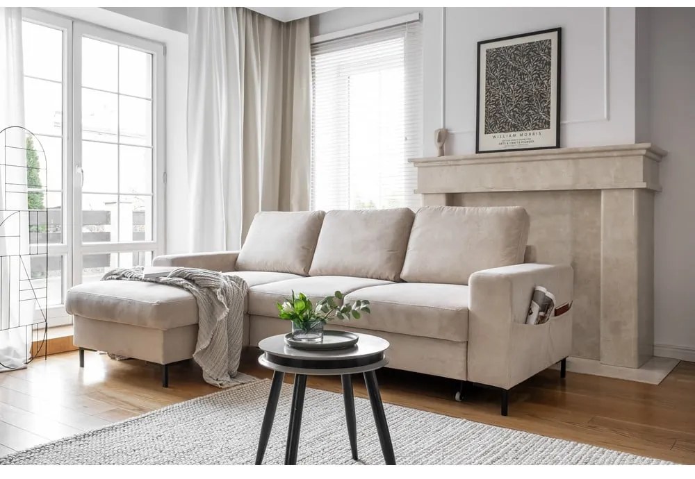 Bézs kordbársony kinyitható sarokkanapé (bal oldali) Lofty Lilly – Miuform