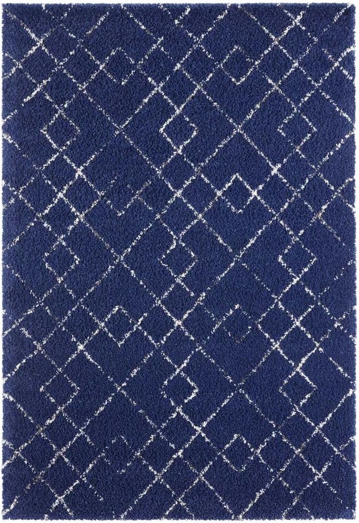 Sötétkék krémszínű nappali szőnyeg,vastag shaggy szőnyeg, boho mintás 80x150 cm