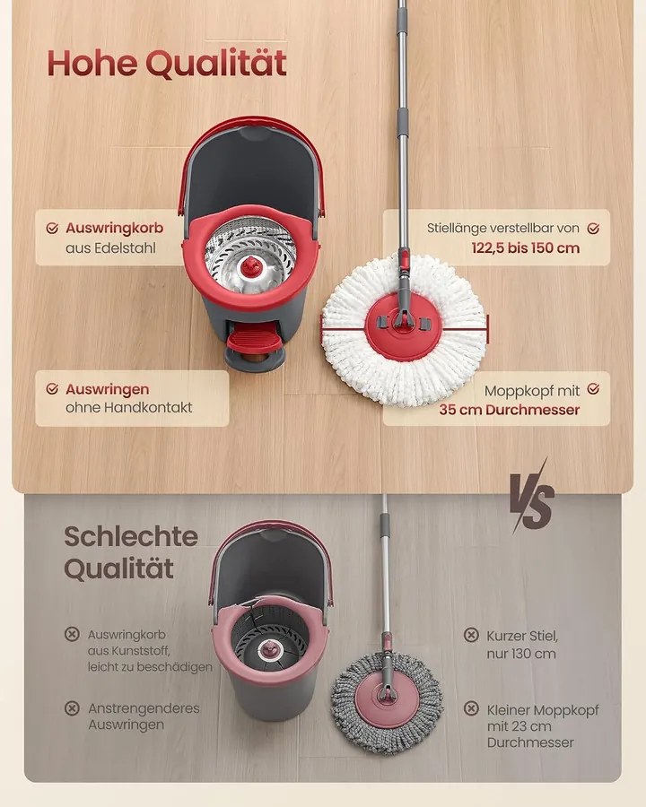 SONGMICS forgófejes felmosó készlet pedálos vödörrel, 4 huzattal, szürke-piros