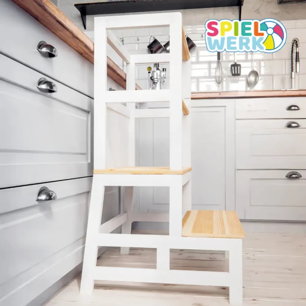 PLAY tanulótorony fenyőfa, 93x56x49cm, fehér/natúr barna Spielwerk