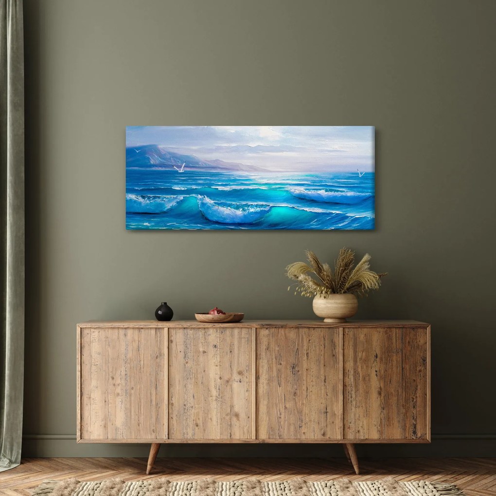 Kép - Olajfestmény a tengerről sirályokkal (120x50 cm)