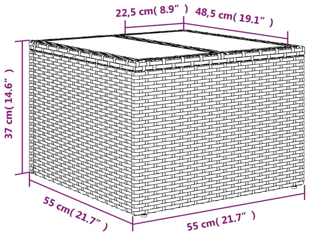 szürke polyrattan üveglapos kerti asztal 55 x 55 x 37 cm