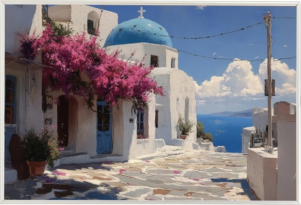 Poszter Keret Alumínium Tájkép Város Görögország Cikládák Utca Tenger 60x40
