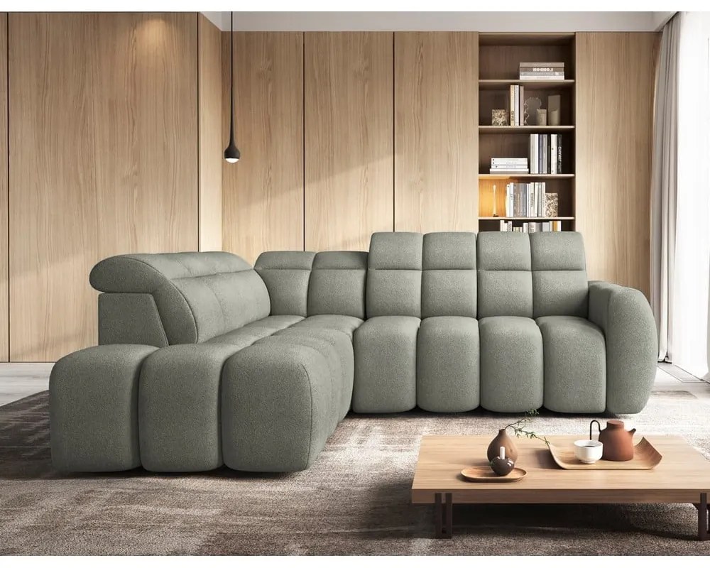 Szürkészöld buklé kinyitható-tárolóhelyes sarokkanapé (bal oldali-L alakú) Falconn – ELTAP