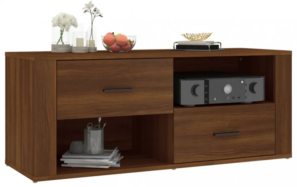 barna tölgyszínű szerelt fa TV-szekrény 100 x 35 x 40 cm