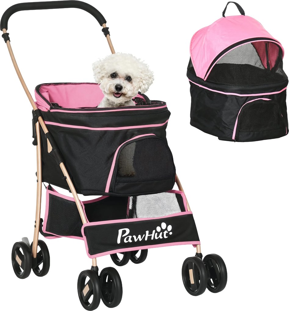 PawHut Összecsukható 3 az 1-ben Kisállat Babakocsi Kutyáknak Levehető Kosárral, Biztonsági Övekkel és Párnával 15 kg Teherbírással Rózsaszín | Aosom