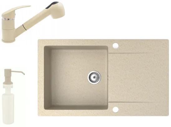 Gránit mosogató NERO Gold + kihúzható zuhanyfejes Shower csaptelep + adagoló (bézs)