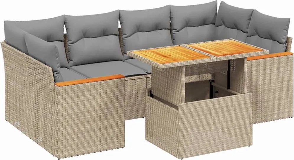 vidaXL 7 részes bézs polyrattan kerti ülőgarnitúra párnákkal