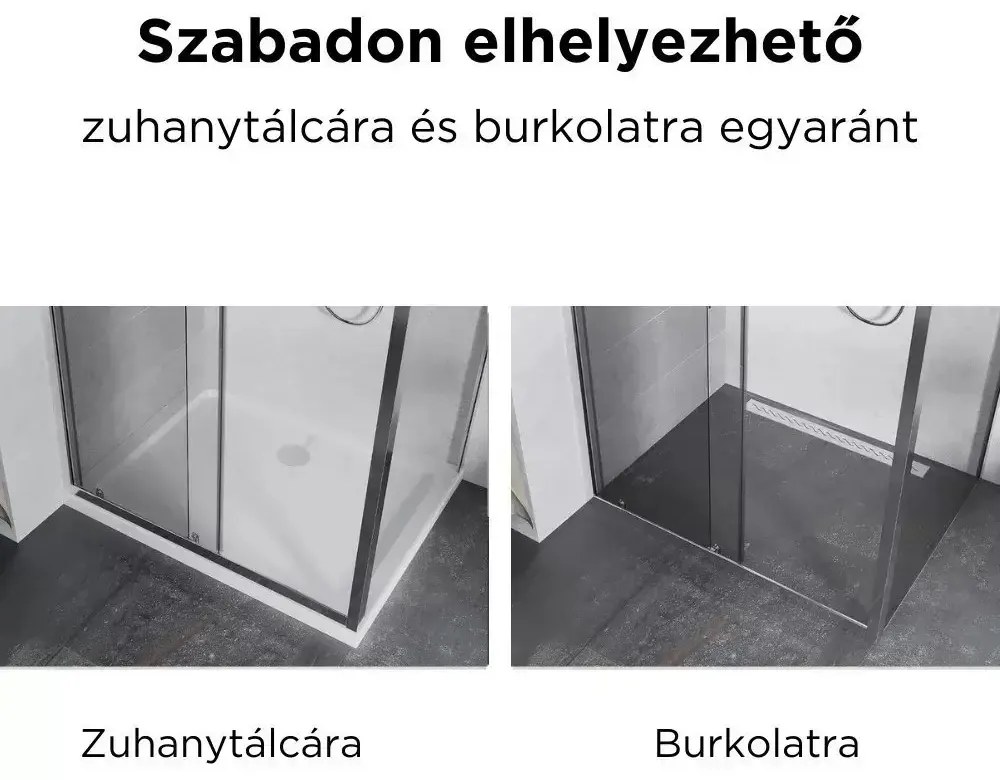 Stuxi Delhi 100x90 aszimmetrikus szögletes tolóajtós zuhanykabin 6 mm vastag vízlepergető biztonsági üveggel, krómozott elemekkel, 200 cm magas