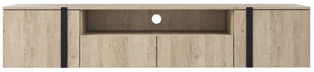 Verica 200 cm-es TV-szekrény, falra szerelhető, nyitott polccal - szivacsos tölgy / fekete fogantyúk