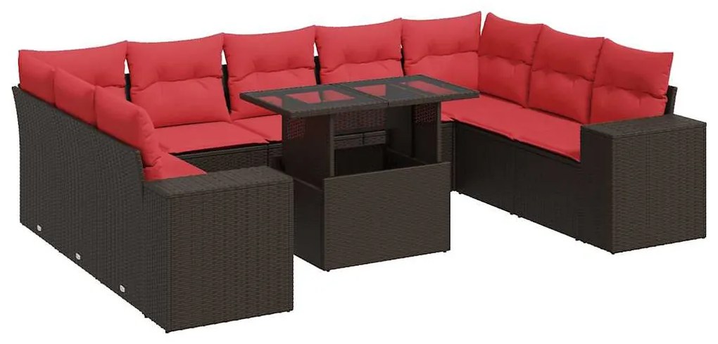 10 részes barna polyrattan akácfa kerti ülőgarnitúra párnákkal