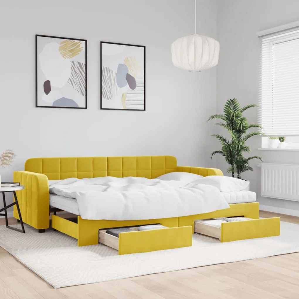 sárga kihúzható bársony heverő fiókkal 80 x 200 cm