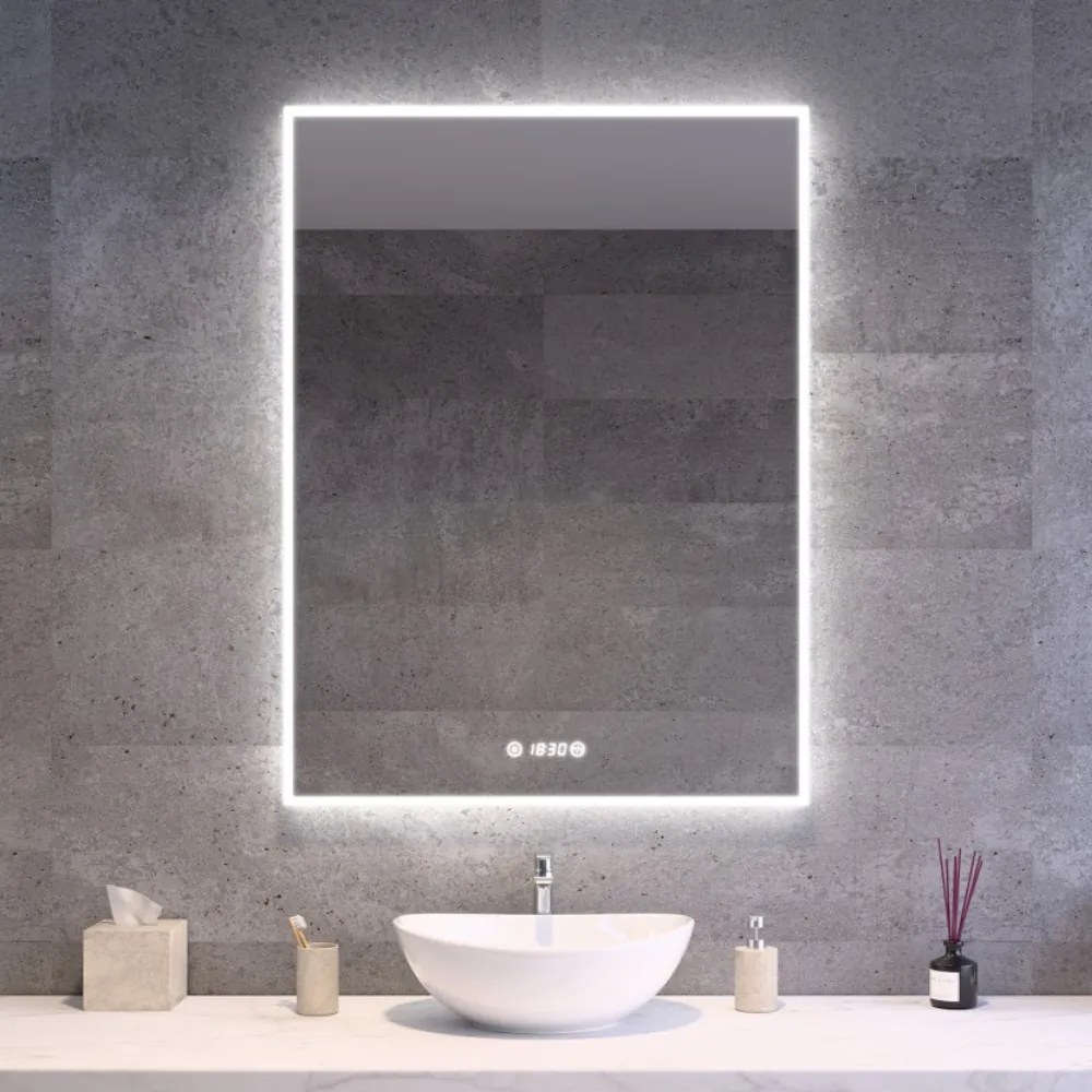 Álló fürdőszobai LED tükör 75x100cm | Páramentesítő funkció - Óra - Fényerő és színhőmérséklet szabályozás | Welland Luxury-Line G772