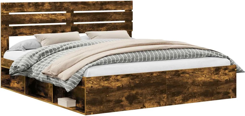 vidaXL Ágykeret fejtámlával Füstölt tölgy 200 x 200 cm Tömör fenyőfa
