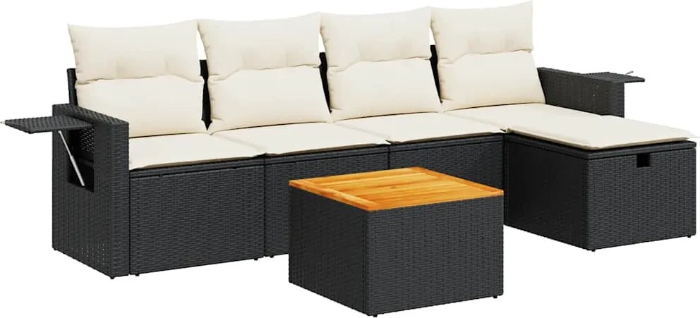 vidaXL 6 részes fekete polyrattan kerti ülőgarnitúra párnákkal