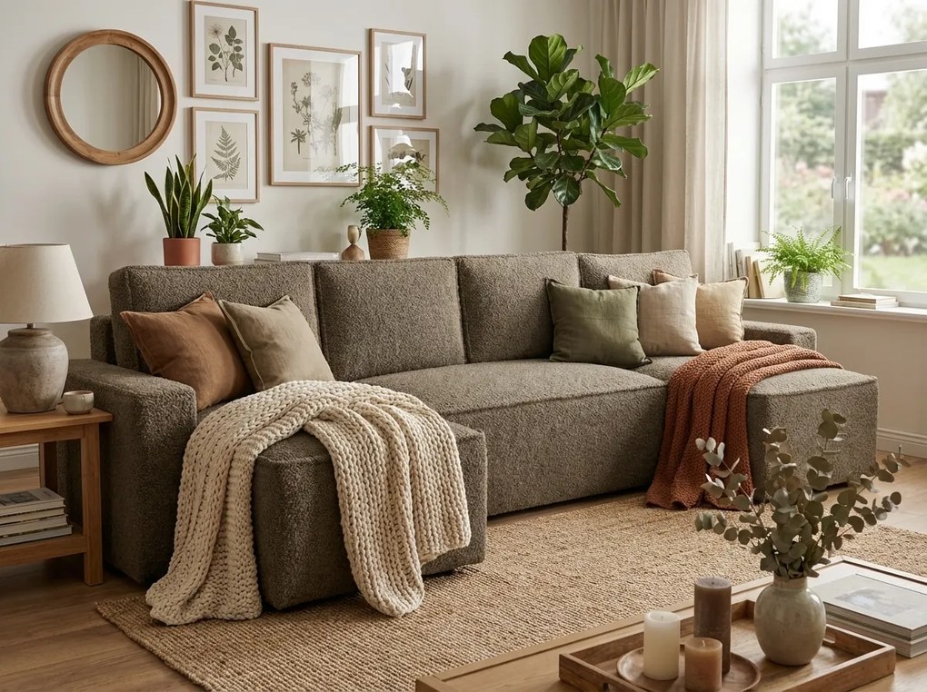 Kinyitható U alakú ülőgarnitúra SMART BOUCLE 303x143 cm, sötét bézs