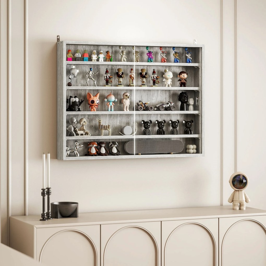 HOMCOM Gyűjtemény Kiállító Szekrény Fali Kiállító Szekrény 80 x 9,5 x 60 cm 4 Állítható Polccal és 2 Csúszó Üvegajtóval, Miniatűr Figurák és Autó Gyűj