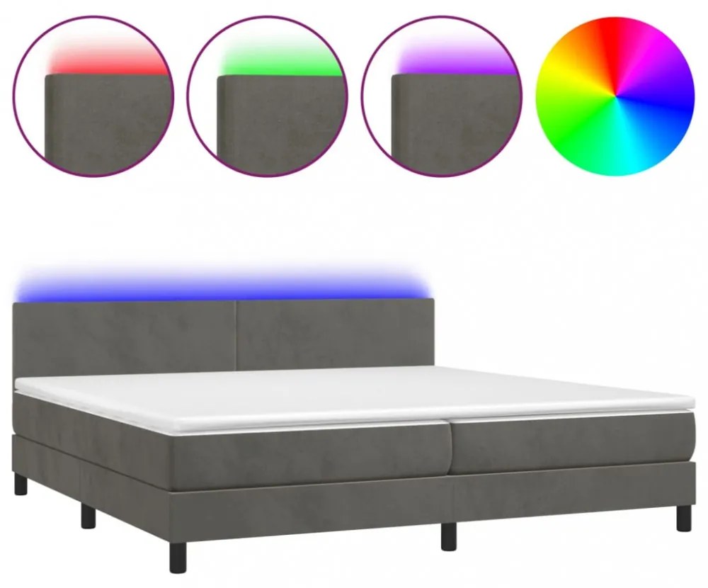 sötétszürke bársony rugós és LED-es ágy matraccal 200x200 cm