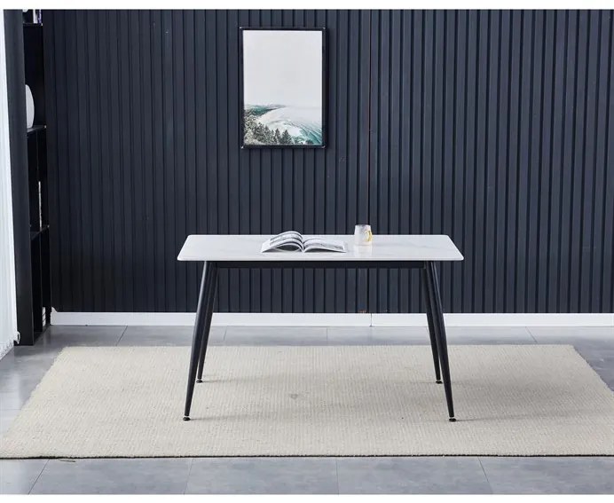 Márványhatású fehér kerámia étkezőasztal fekete fém lábakkal, 130×70 cm (HT-403M)