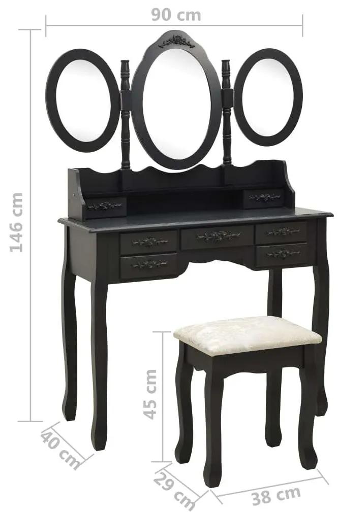 vidaXL fekete fésülködőasztal ülőkével és háromrészes tükörrel