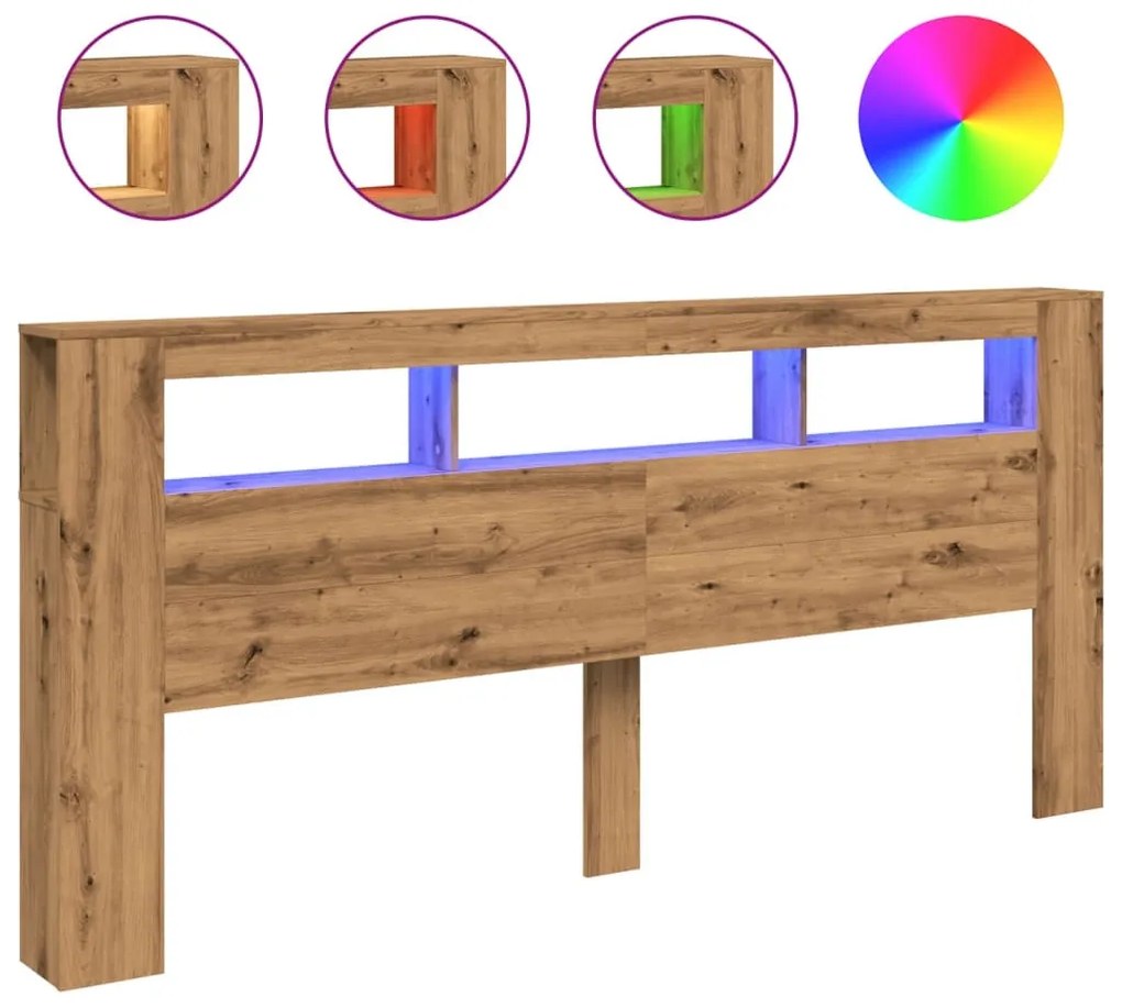 kézműves tölgyszínű szerelt fa LED-es fejtámla 220x18,5x103,5cm