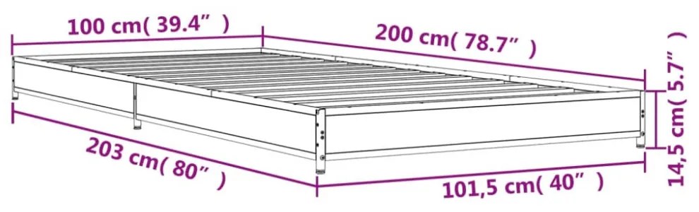 füstös tölgyszínű szerelt fa és fém ágykeret 100 x 200 cm