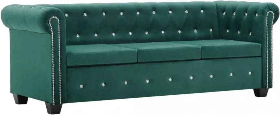 Zöld 3 személyes bársony chesterfield kanapé 199 x 75 x 72 cm