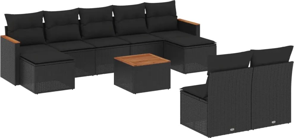 vidaXL 10 részes fekete polyrattan kerti ülőgarnitúra párnákkal