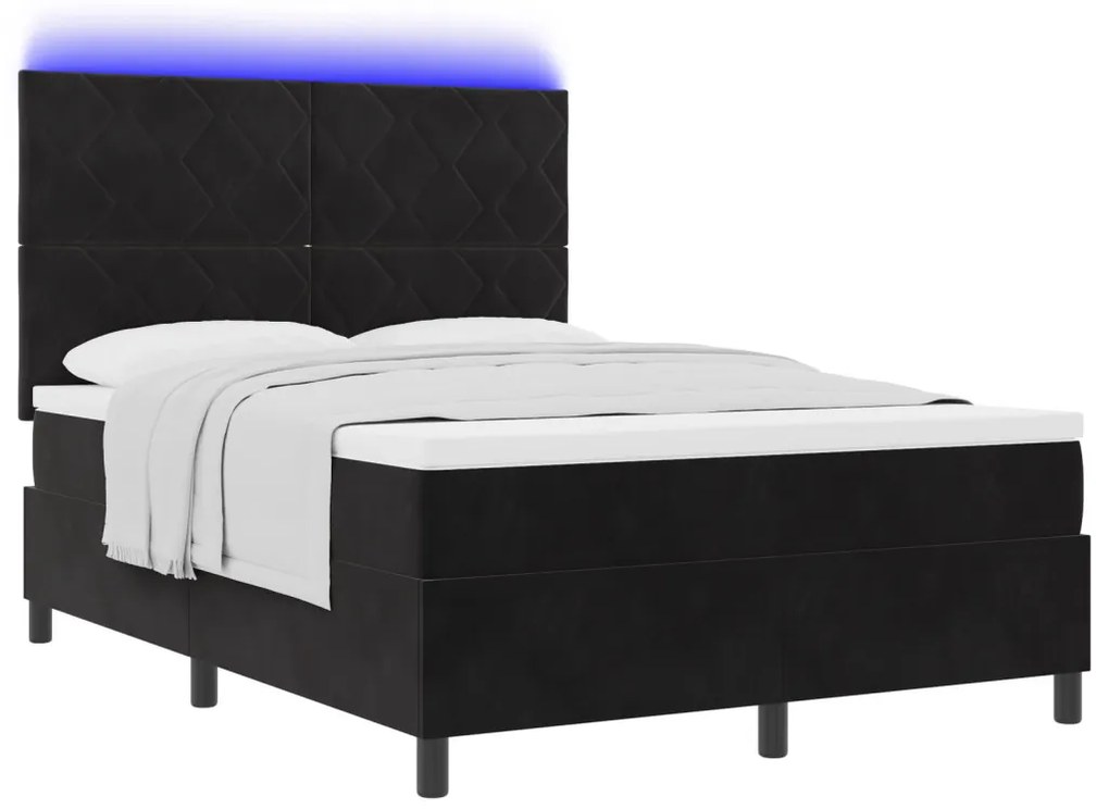 Boxspring Ágy Matrackal és LED Fekete 140x190 cm Bársony