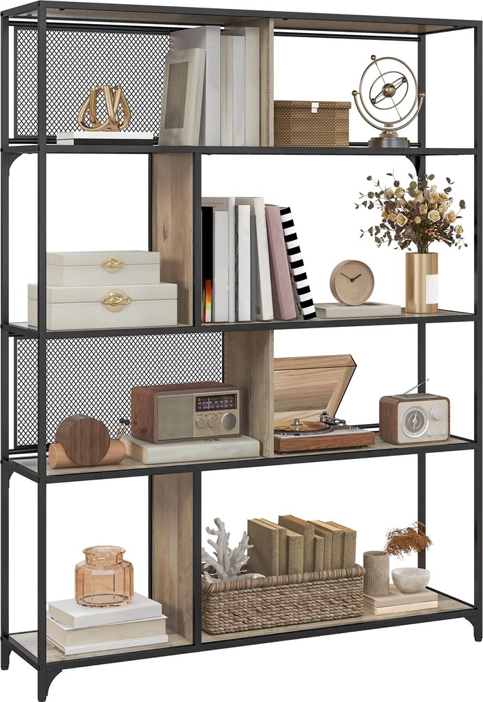 HOMCOM 5-szintes könyvespolc tárolóegység csúszó rácsos ajtóval, acélkerettel, ipari stílusban - 120L x 30W x 161H cm szürke és fekete | Aosom