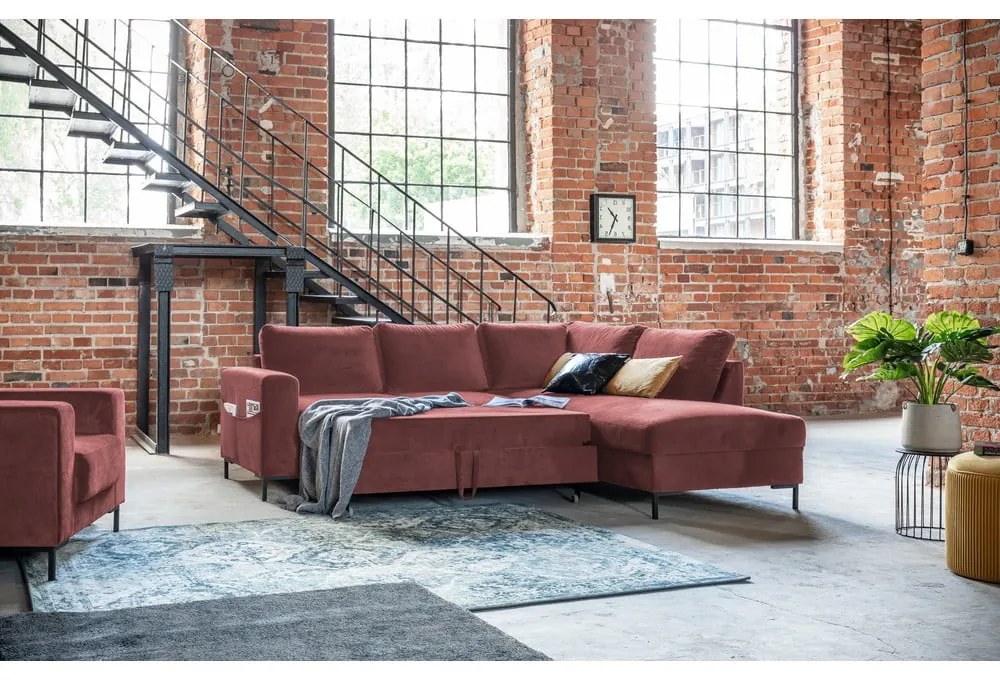Rózsaszín bársony kinyitható sarokkanapé (jobb oldali) Lofty Lilly – Miuform