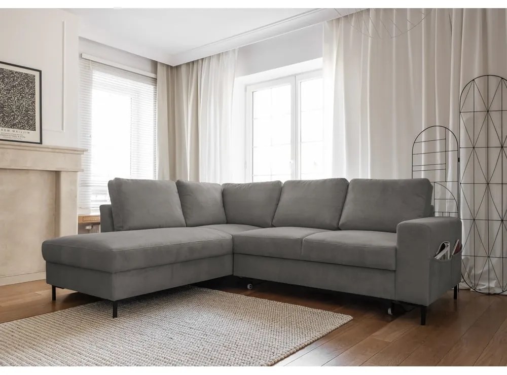 Szürke kordbársony kinyitható sarokkanapé (bal oldali) Lofty Lilly – Miuform