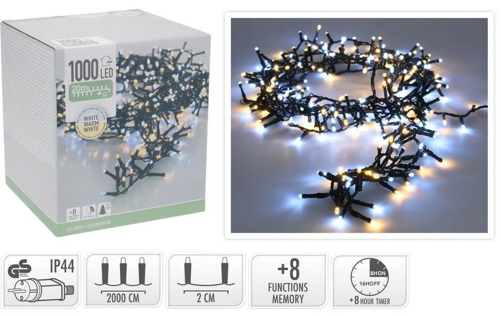 Kültéri fényfüzér 20 m, 1000 LED, meleg fehér +fehér, időzítő, IP44, 20 m