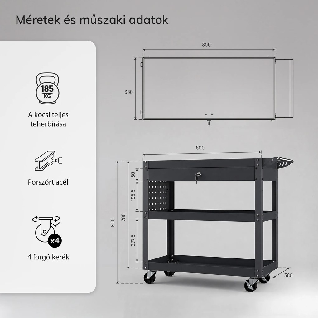 Műhelyi szerszámkocsi fiókkal, görgőkön, antracit, 800x800x380 mm: FRED